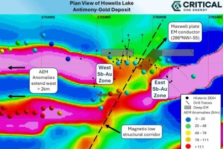 Critical One Energy geophysical interpretation identifies significant extension potential to Howells Lake Antimony-Gold mineralisation